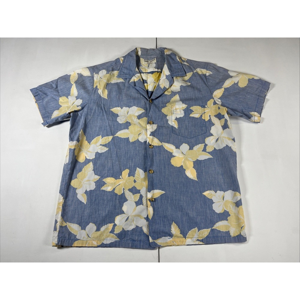 VTG Cooke Street Honolulu Hawaiian Camp Shirt Blue Floral Cotton 90s Men's L